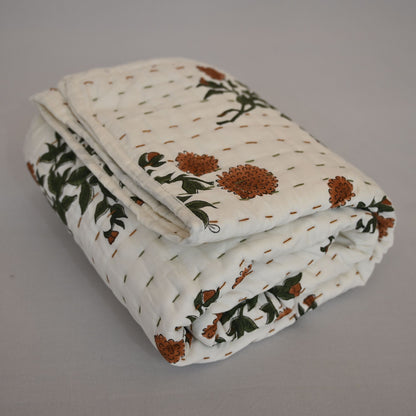 Cavera Floral Hand Block Printed Quilt
