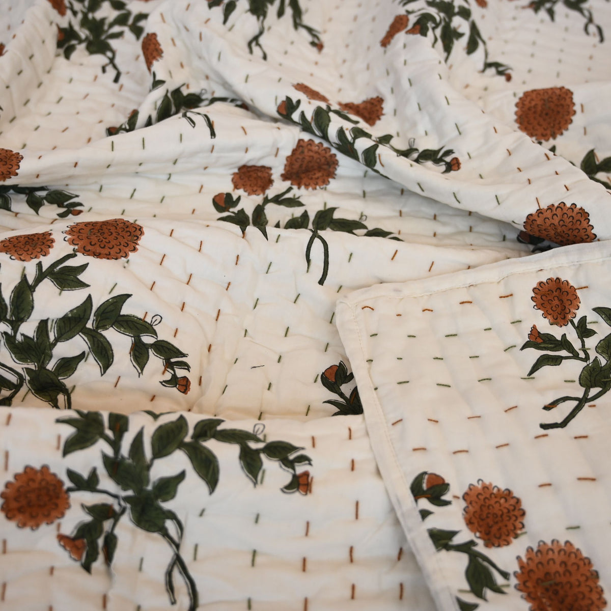 Cavera Floral Hand Block Printed Quilt