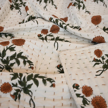 Cavera Floral Hand Block Printed Quilt