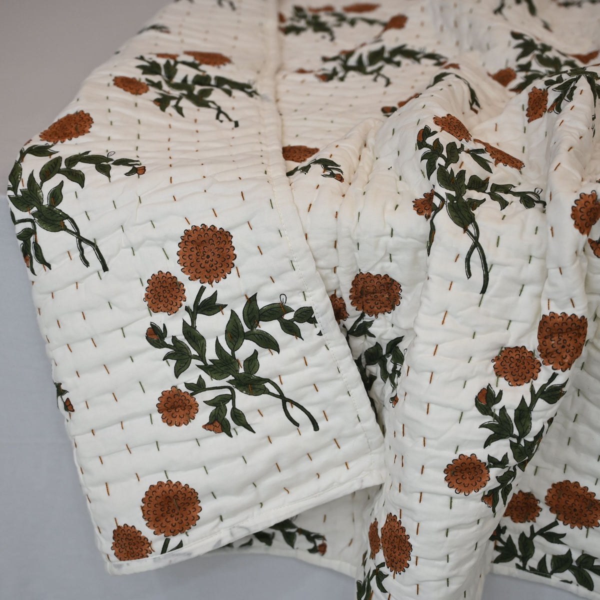 Cavera Floral Hand Block Printed Quilt