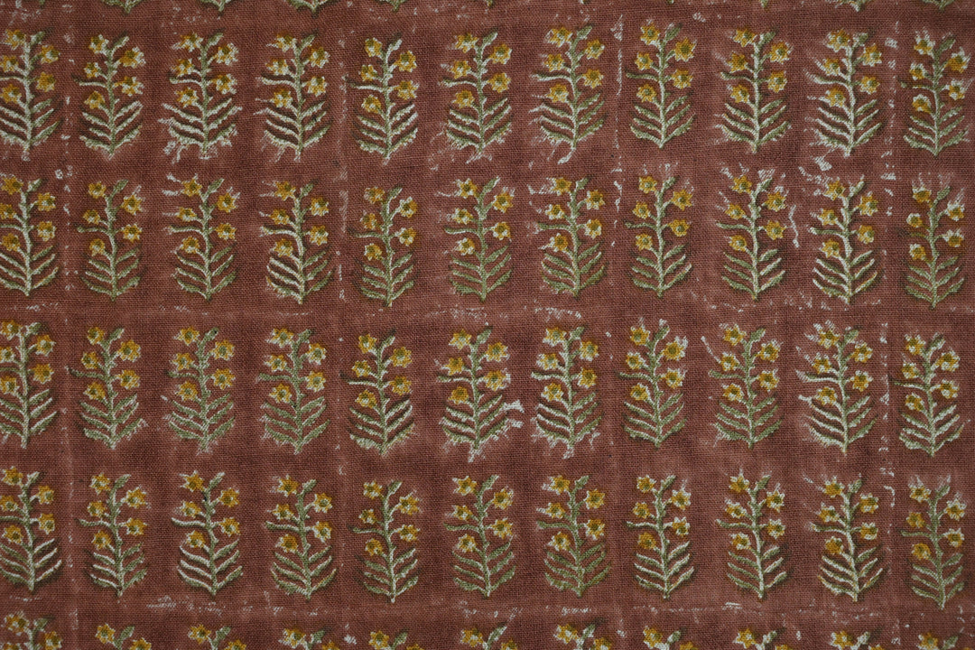 Rust Botanical Sprig Hand Block Print Linen Fabric | Yellow & Red