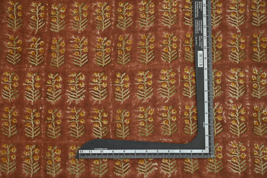 Rust Botanical Sprig Hand Block Print Linen Fabric | Yellow & Red