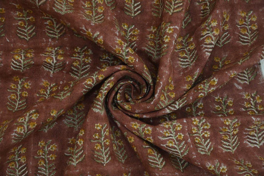 Rust Botanical Sprig Hand Block Print Linen Fabric | Yellow & Red