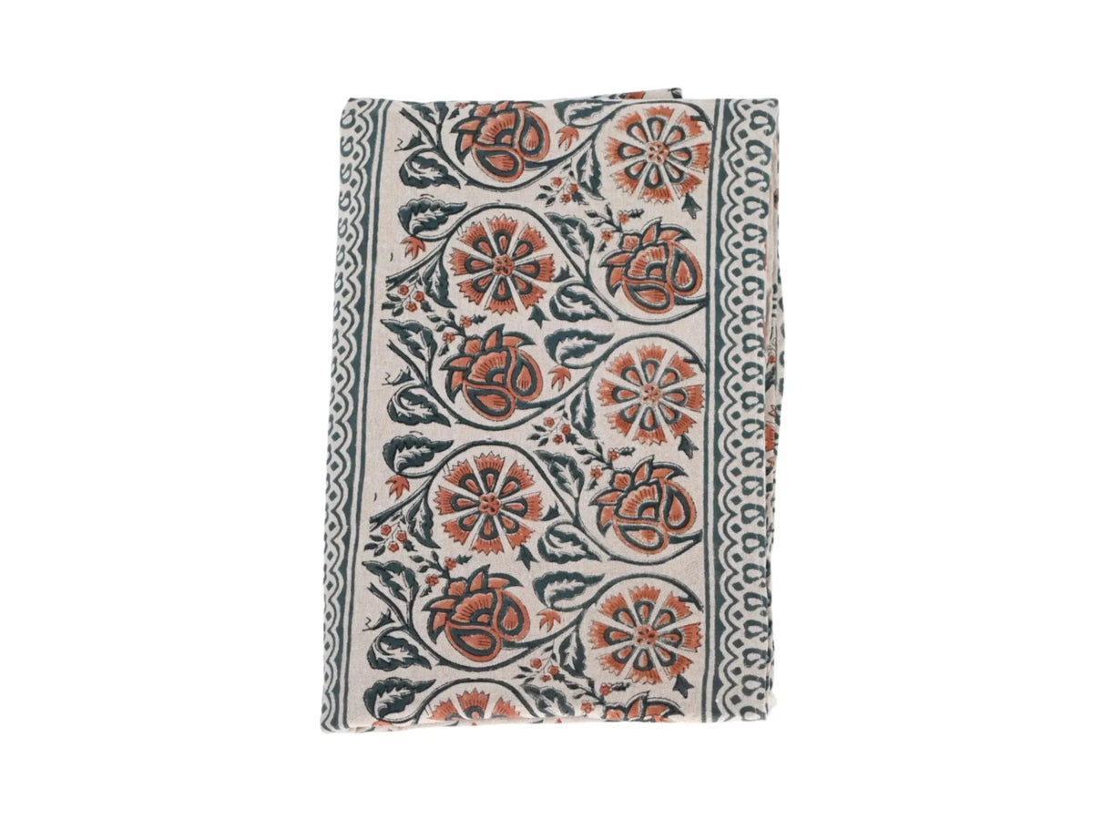 Salmon Floral Block Print Tablecloth - Maple Village Lane