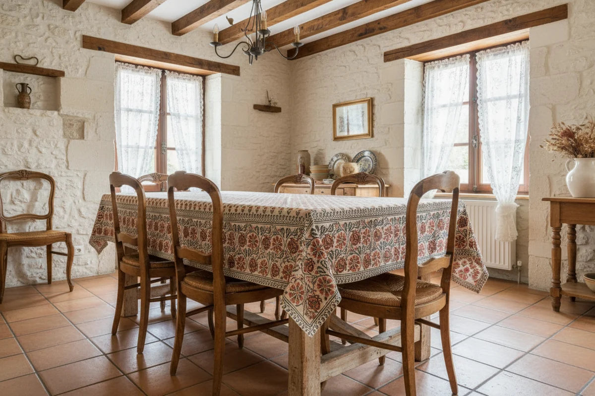 Salmon Floral Rust Orange Cotton Tablecloth - Two Border