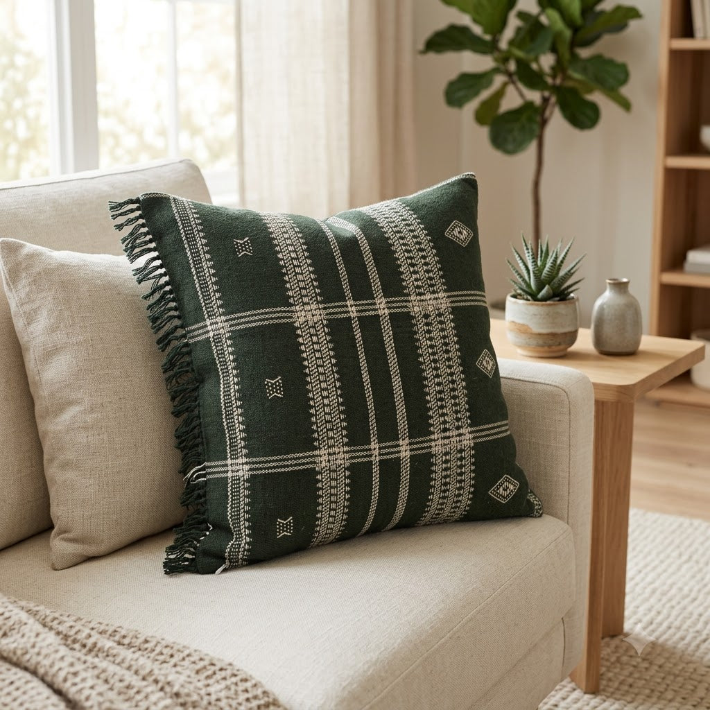 SCOTT ARSTISANAL GREEN FRINGED CUSHION