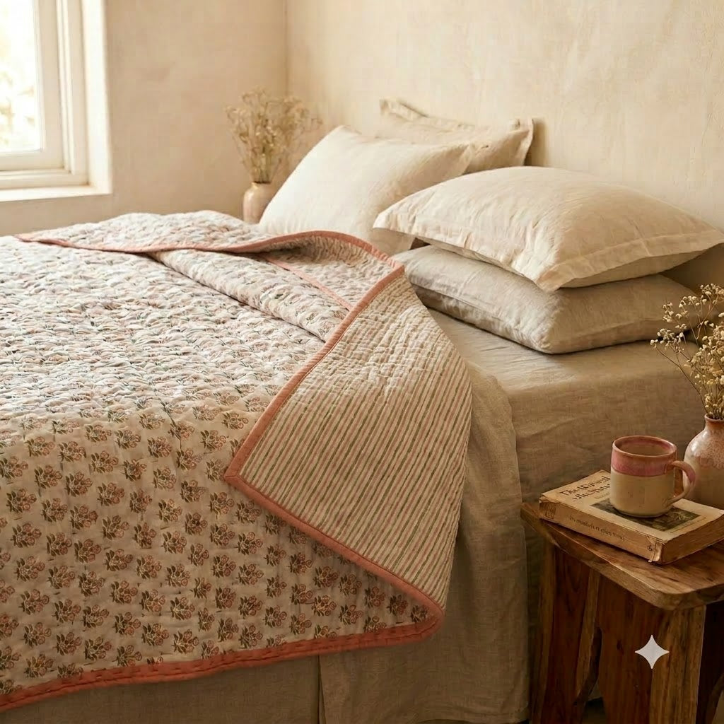 Asher Floral Hand Block Printed Quilt