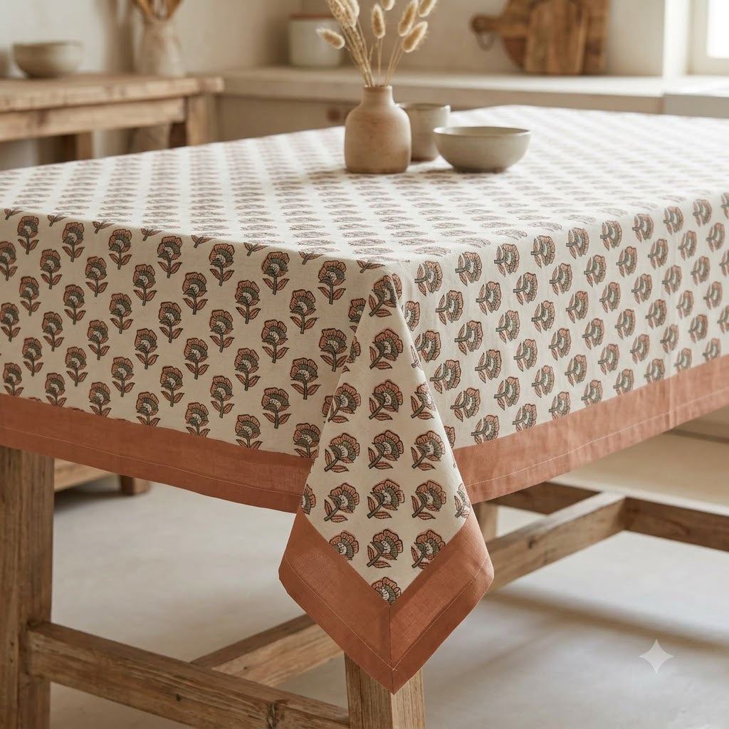 Rotceh  Peach  Cotton Tablecloth - Single Border