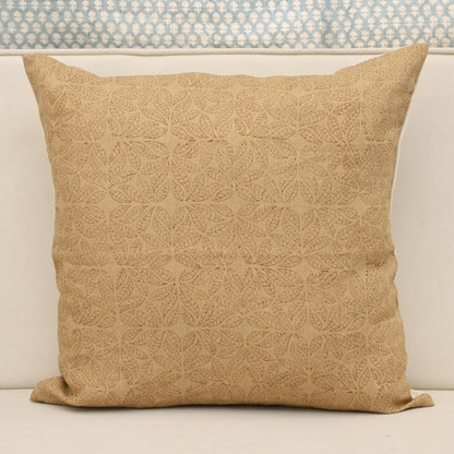 Camel linen pillow cover with hand block printed geometric leaf mandala tile in brown, front view