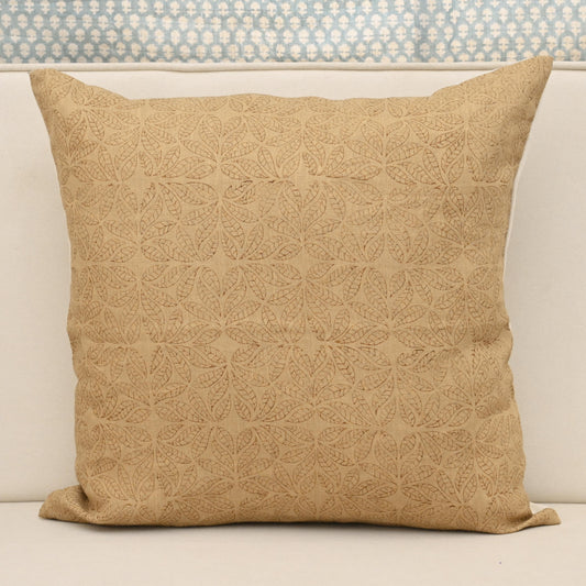 Camel linen pillow cover with hand block printed geometric leaf mandala tile in brown, front view