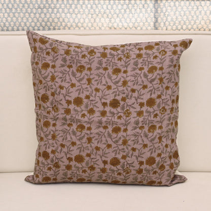 Dusty mauve linen pillow cover with hand block printed carnation trail in ochre gold and smoky sage, front view