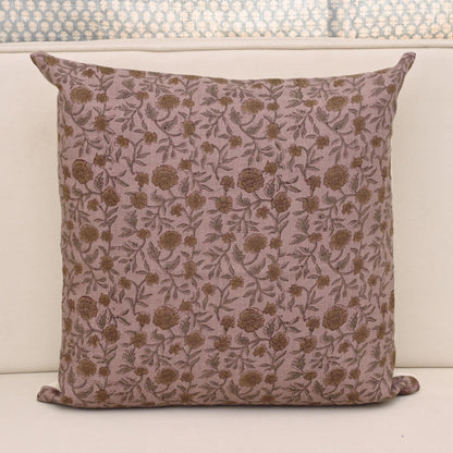 Dusty mauve linen pillow cover with hand block printed wild rose and hibiscus vine in charcoal and gold, front view