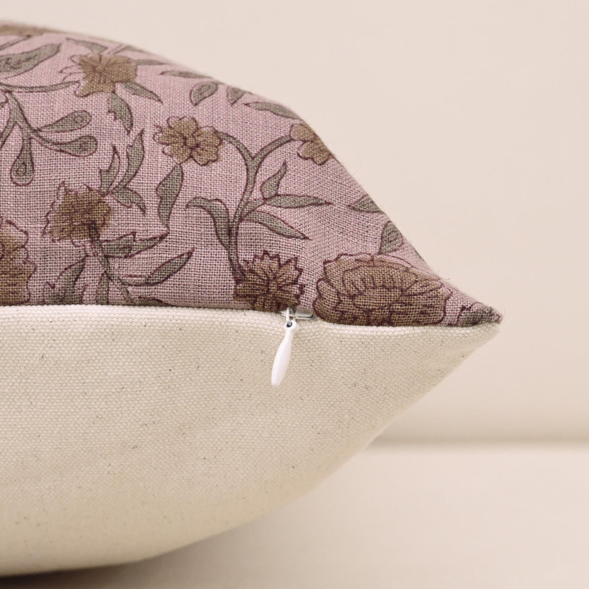 Corner and hidden zipper detail on Heritage linen pillow cover