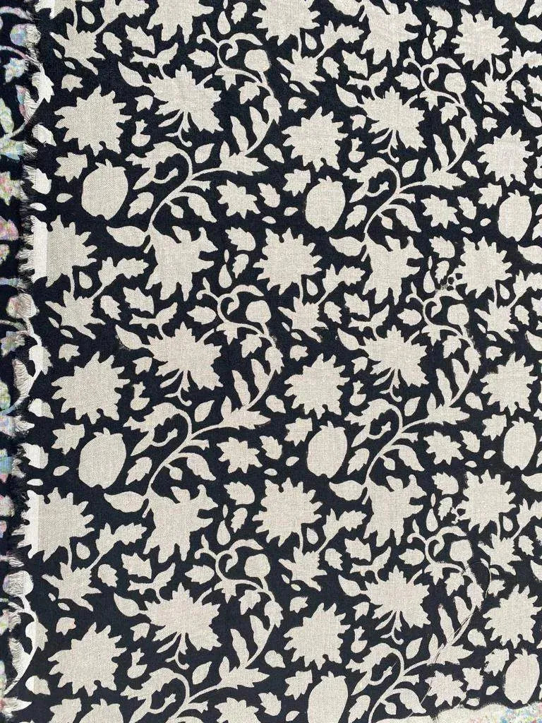 Block Print Handloom Linen Fabric Linen Fabric Flower Black colour - Maple Village Lane