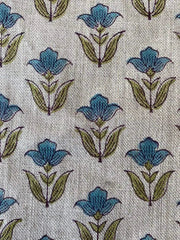 Small Flower Block Print Handloom Linen Fabric ,upholstery Fabric, pillow Cover Fabric, Thick fabric natural linen, Olive green- Turquoise - Rohiyaan