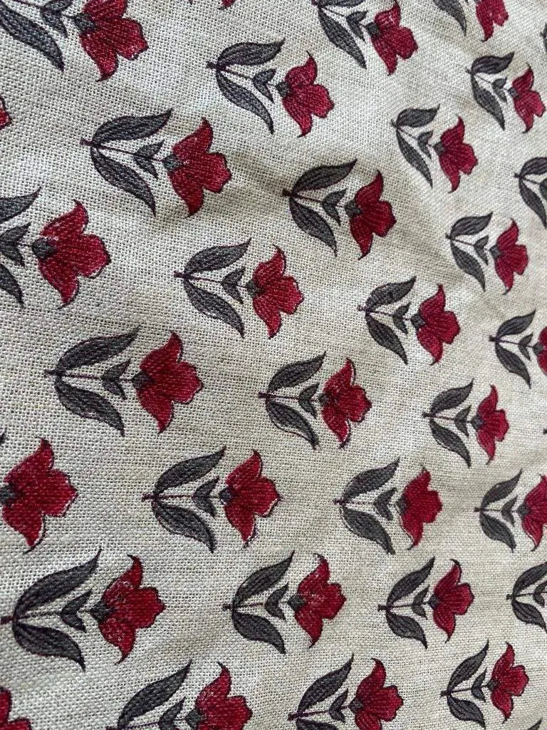 Small Flower Block Print Handloom Linen Fabric ,upholstery Fabric, pillow Cover Fabric, Thick fabric natural linen, Grey - Red - Maple Village Lane