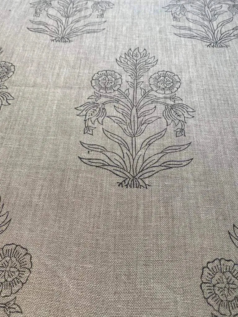 Handloom Linen Fabric - Flower Outline block print fabric - best for Upholstery , cushion cover , sofa/chair cover , and other crafts - Maple Village Lane