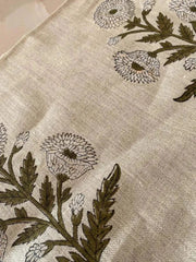 Handloom Linen Fabric -White Flower block print fabric - best for Upholstery , cushion cover , sofa/chair cover , and other crafts - Rohiyaan