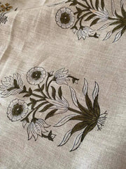 Handloom Linen Fabric -White Flower block print fabric - best for Upholstery , cushion cover , sofa/chair cover , and other crafts - Rohiyaan