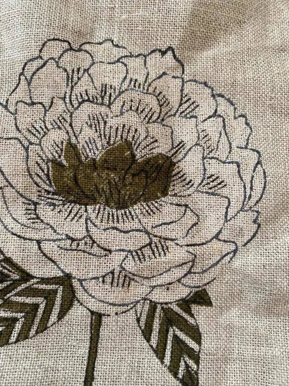 Handloom Linen Fabric -White Flower block print fabric - best for Upholstery , cushion cover , sofa/chair cover , and other crafts - Maple Village Lane