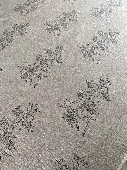Handloom Linen Fabric - Flower Outline block print fabric - best for Upholstery , cushion cover , sofa/chair cover , and other crafts - Maple Village Lane