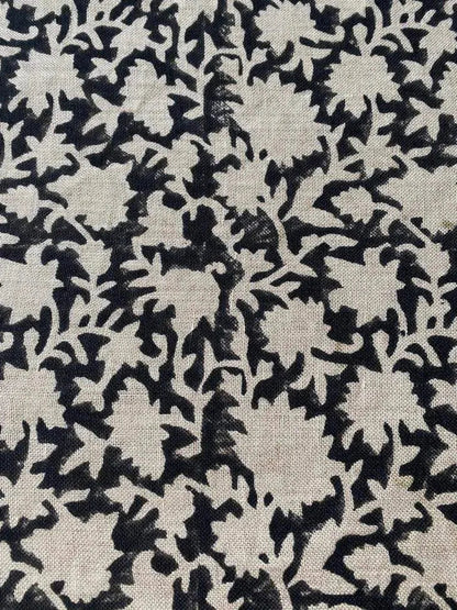 Block Print Handloom Linen Fabric Linen Fabric Flower Black Colour Upholstery Fabric, Pillow Cover ,Thick Linen Fabric Natural Colour - Maple Village Lane