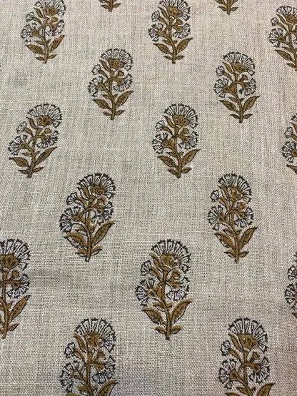Pearl Botanical Block Print  Linen Fabric