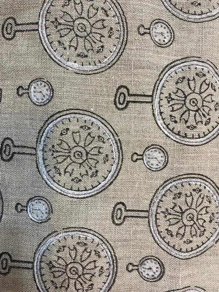 Clock Block Print Handloom Linen Fabric