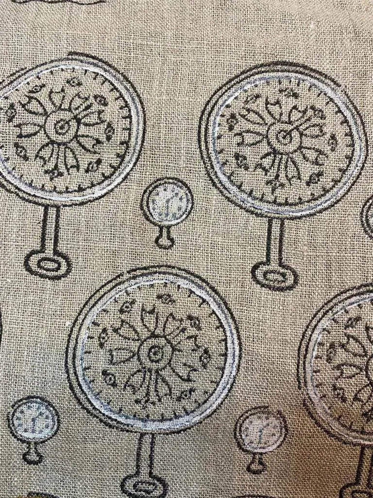 Clock Block Print Handloom Linen Fabric