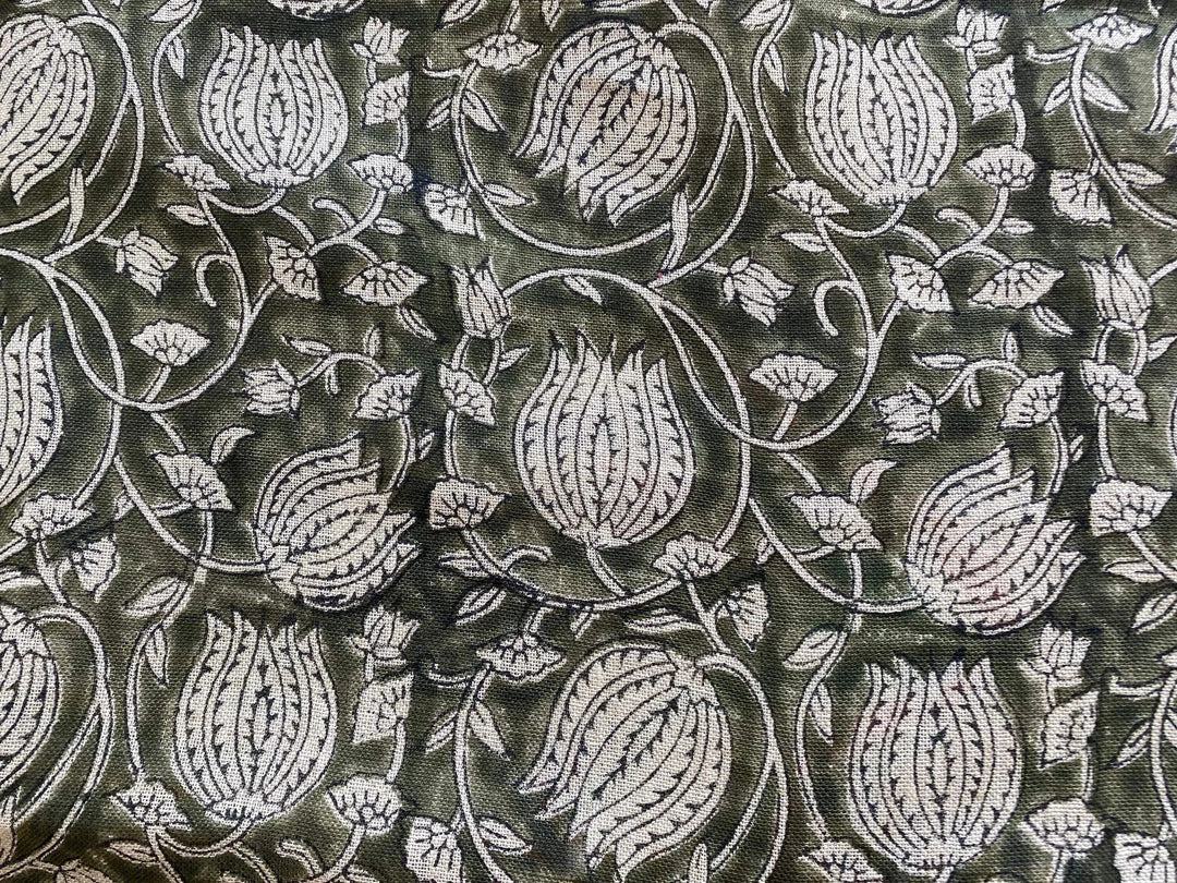 Lotus Block Print Thick Linen Fabric
