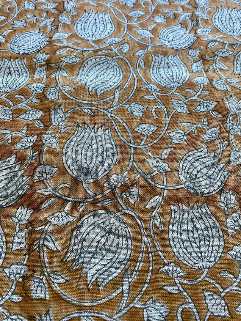 Lotus Block Print Thick Linen Fabric
