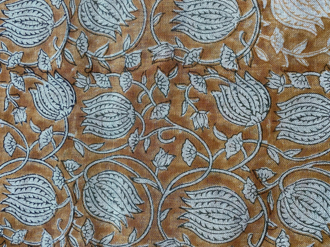Lotus Block Print Thick Linen Fabric