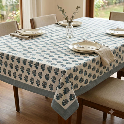 Granit Floral Blue Cotton Tablecloth - Single Border