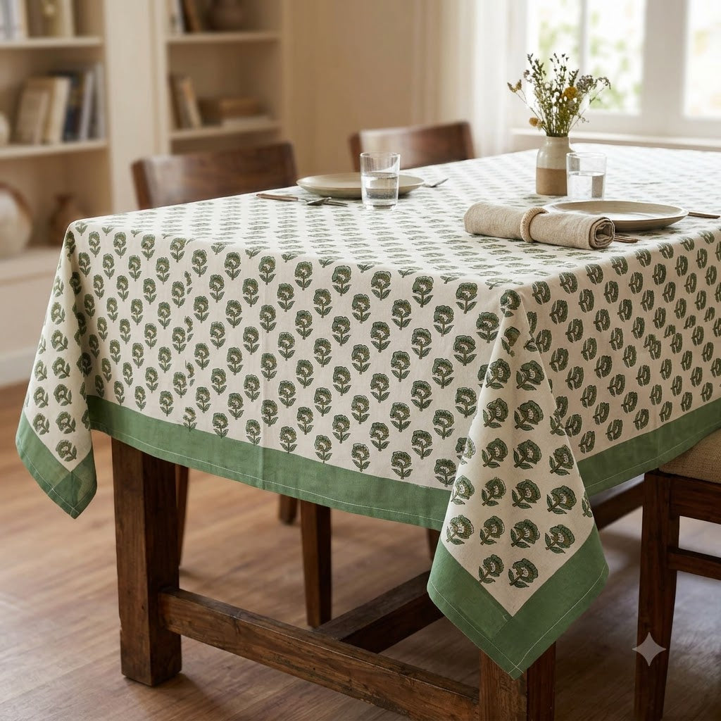 Rotceh Olive Green Cotton Tablecloth - Single Border