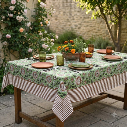 Lillian Floral Green Cotton Tablecloth - Single Border