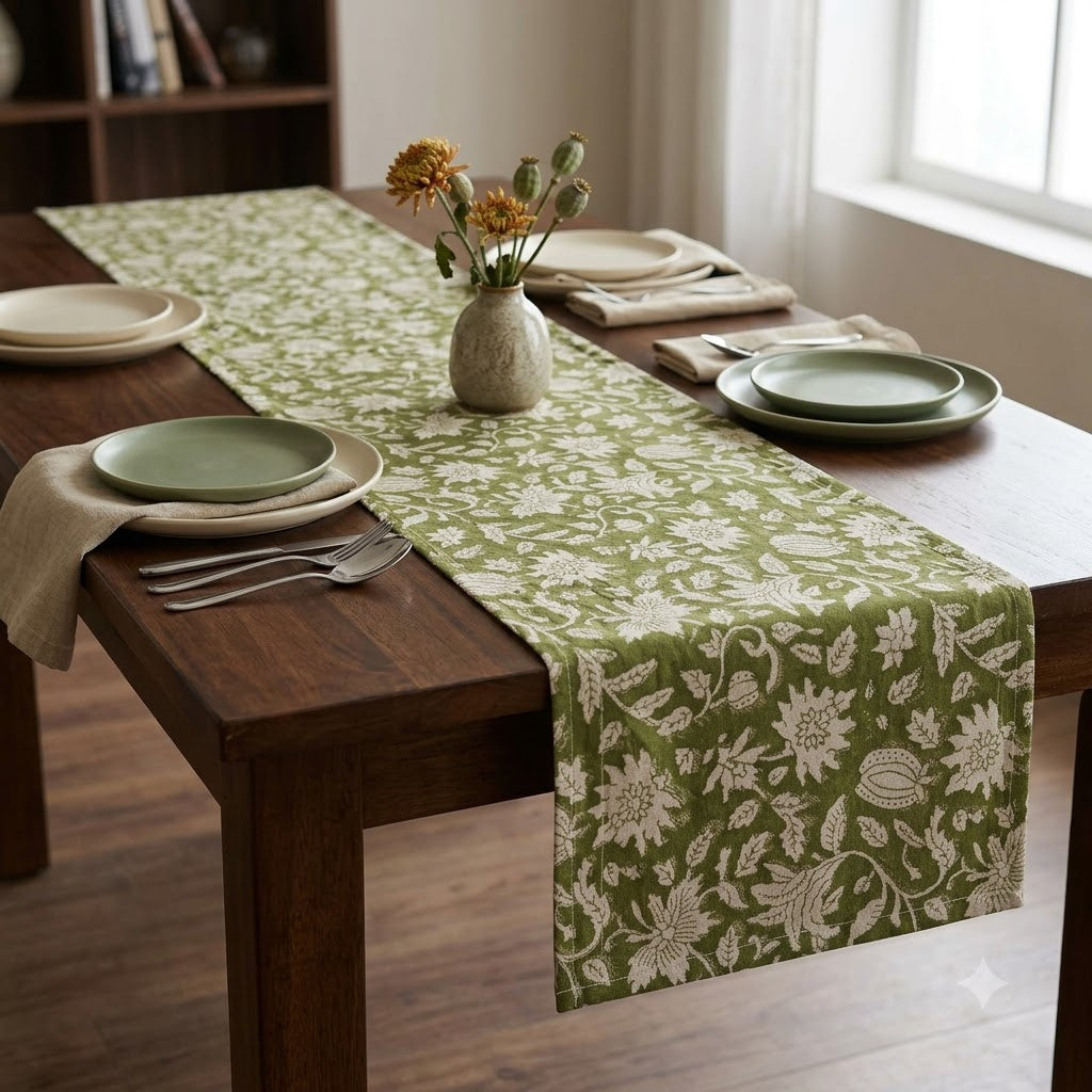 Leron Olive Cotton Table Runner