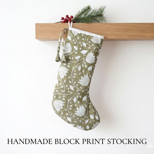 Olive Lotus Print Christmas Stocking