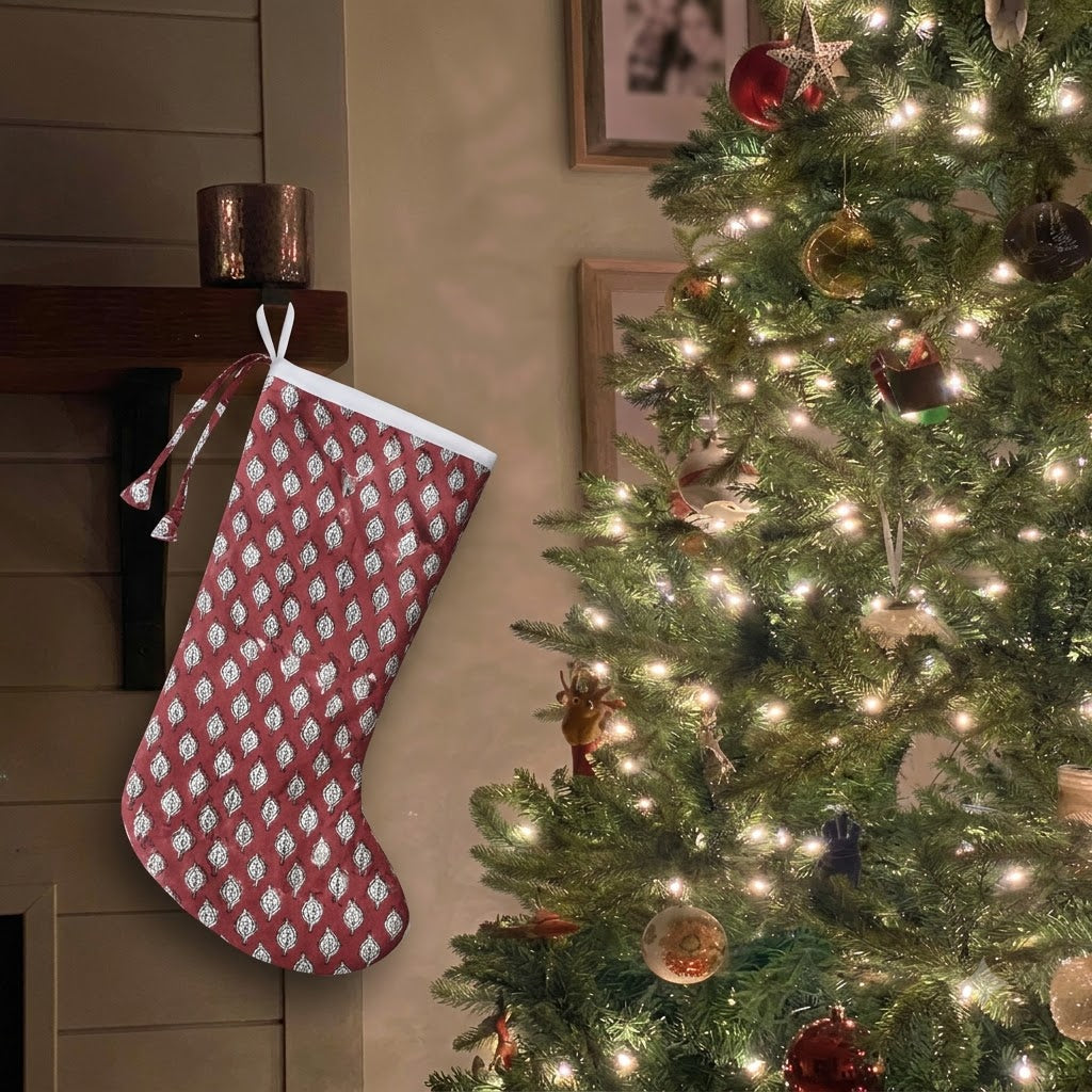 Ivory Leaf Crimson Festive Stocking