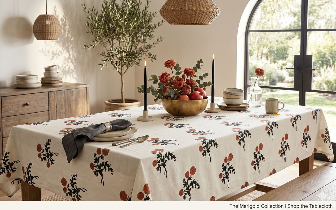 Rust Botanical Sprig Hand Block Print Linen Fabric | Yellow & Red